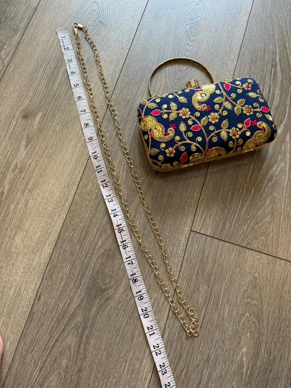 Longing to Buy Handmade Designer Box Clutch Zari Embroidered Navy Gold Floral